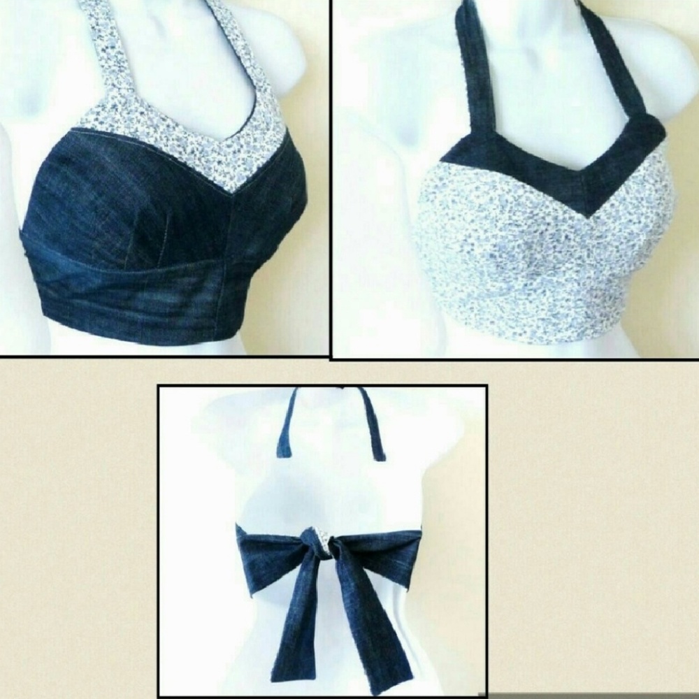 Reversible Bralette Halter Top Recyled Denim Small Scale Floral Print Sz Medium